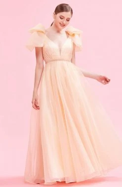 Formal Gowns J'Adore Dresses - J16045 Draped Bow Plunging V-Neck Organza Gown