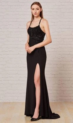 J'Adore Dresses - JM111 Sheer Embellished Bodice High Slit Glitter Dress Formal Gowns