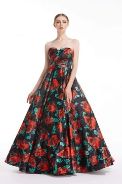 J'Adore Dresses - J12042 Floral Print Strapless Sweetheart Ballgown Formal Gowns
