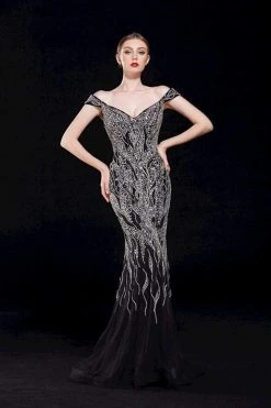 J'Adore Dresses - J12068 Beaded Off-Shoulder Tulle Mermaid Gown