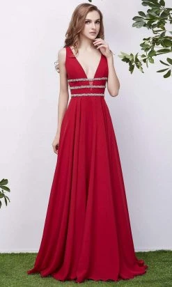 J'Adore Dresses - J13068 Plunging V-Neck Embellished Waist Gown 8 J'Adore Dresses - J13068 Plunging V-Neck Embellished Waist Gown
