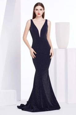 J'Adore Dresses - J14020 Deep V-neck Tulle Mermaid Dress