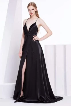 Formal Gowns J'Adore Dresses - J14027 Deep V-neck Silky Satin A-line Dress