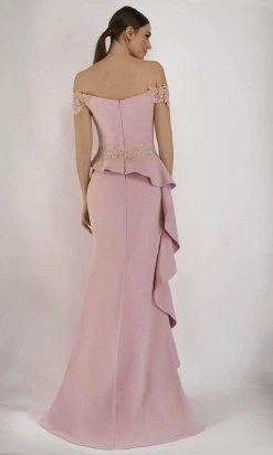 Janique - 1945 Off Shoulder Lace Applique Ruffle Peplum Trumpet Gown Formal Gowns