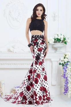 Janique - 2 Piece Lace Top Floral Printed Faille Mermaid Gown 7517 Formal Gowns