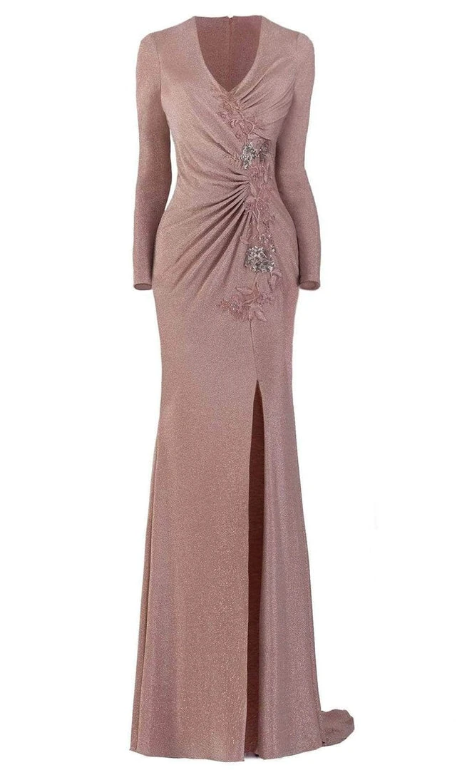 Janique - 2039 Embroidered Long Sleeve V-neck Sheath Gown Formal Gowns 5 Janique - 2039 Embroidered Long Sleeve V-neck Sheath Gown Formal Gowns