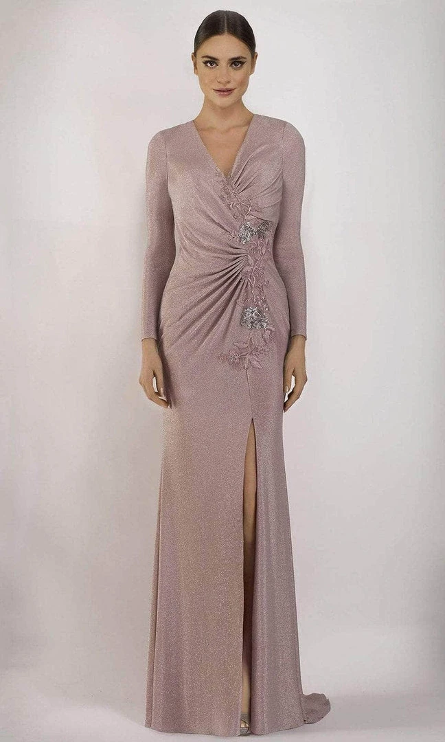 Janique - 2039 Embroidered Long Sleeve V-neck Sheath Gown Formal Gowns 3 Janique - 2039 Embroidered Long Sleeve V-neck Sheath Gown Formal Gowns