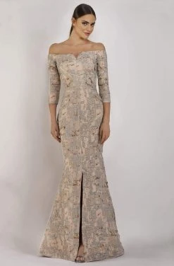 Janique - 67721 Quarter Sleeve Off Shoulder Jacquard Gown