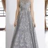 Janique - 85124 Illusion Lace Appliqued Geometric Gown In Grey