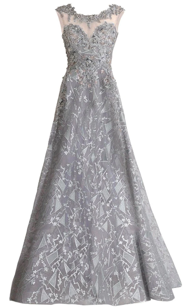 Janique - 85124 Illusion Lace Appliqued Geometric Gown In Grey 5 Janique - 85124 Illusion Lace Appliqued Geometric Gown In Grey