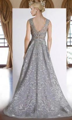 Janique - 85124 Illusion Lace Appliqued Geometric Gown In Grey