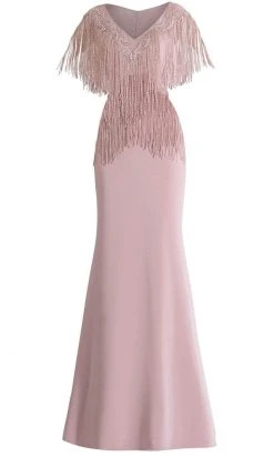 Formal Gowns Janique - 85130 Bead Fringed V-Neck Sheath Gown In Mauve 8 Formal Gowns Janique - 85130 Bead Fringed V-Neck Sheath Gown In Mauve