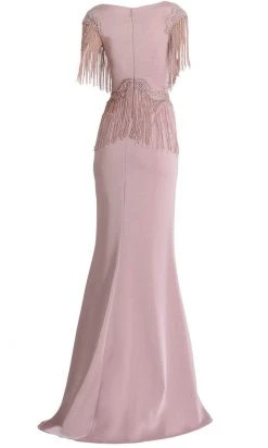 Formal Gowns Janique - 85130 Bead Fringed V-Neck Sheath Gown In Mauve 9 Formal Gowns Janique - 85130 Bead Fringed V-Neck Sheath Gown In Mauve