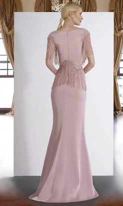 Formal Gowns Janique - 85130 Bead Fringed V-Neck Sheath Gown In Mauve