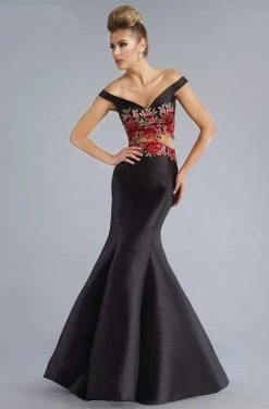 Janique - Embroidered Off-Shoulder Crop Top Trumpet Evening Gown With Court Train JA7004 Formal Gowns