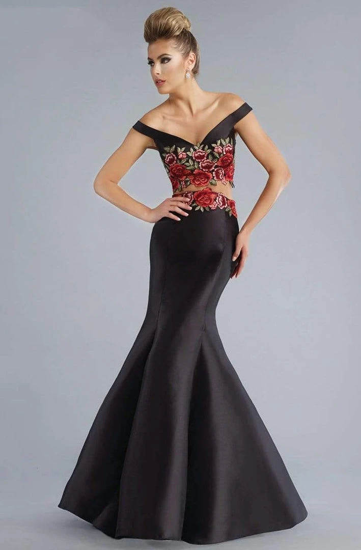 Janique - Embroidered Off-Shoulder Crop Top Trumpet Evening Gown With Court Train JA7004 Formal Gowns 3 Janique - Embroidered Off-Shoulder Crop Top Trumpet Evening Gown With Court Train JA7004 Formal Gowns