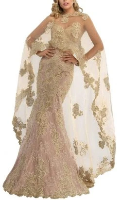 Janique - Embroidered Sweetheart Lace Evening Gown With Sheer High-Low Shawl W1718