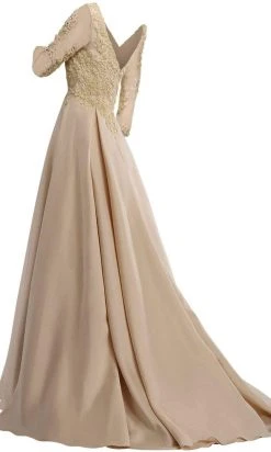 Formal Gowns Janique - Embroidered V-Neck Sleeved Long Mermaid Gown JA3009