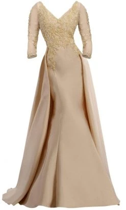 Formal Gowns Janique - Embroidered V-Neck Sleeved Long Mermaid Gown JA3009