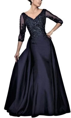 Formal Gowns Janique - Embroidered V-Neck Sleeved Long Mermaid Gown JA3009