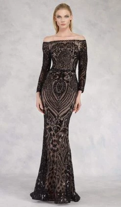 Janique - JA3017 Long Sleeve Geo-Sequined Mermaid Gown Formal Gowns