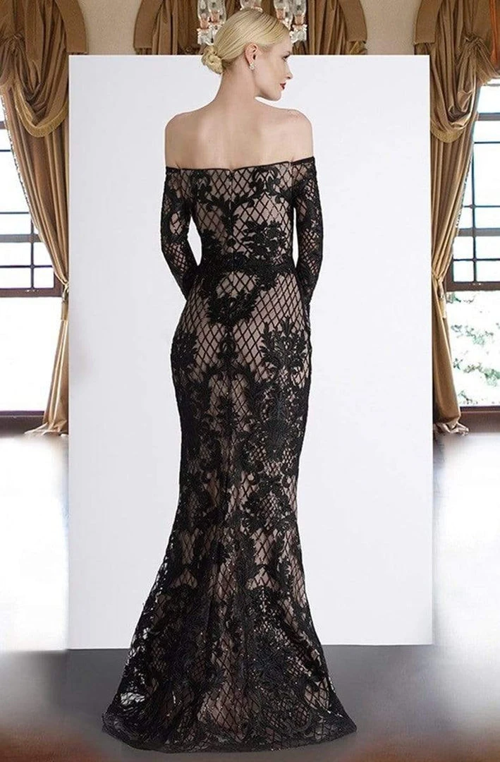 Formal Gowns Janique - JA4017 Off-Shoulder Long Sleeves Lace Dress In Black / Nude 4 Formal Gowns Janique - JA4017 Off-Shoulder Long Sleeves Lace Dress In Black / Nude