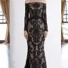 Formal Gowns Janique - JA4017 Off-Shoulder Long Sleeves Lace Dress In Black / Nude 2 Formal Gowns Janique - JA4017 Off-Shoulder Long Sleeves Lace Dress In Black / Nude