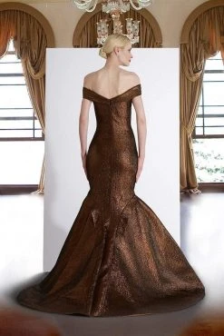 Janique - JQ1908 Metallic Off-Shoulder Mermaid Dress In Bronze
