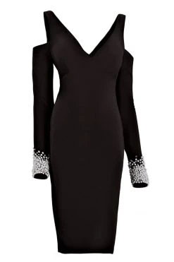 Cocktail Dresses Janique - K6611 Pearl Embellished Cuff V Neck Evening Dress 9 Cocktail Dresses Janique - K6611 Pearl Embellished Cuff V Neck Evening Dress