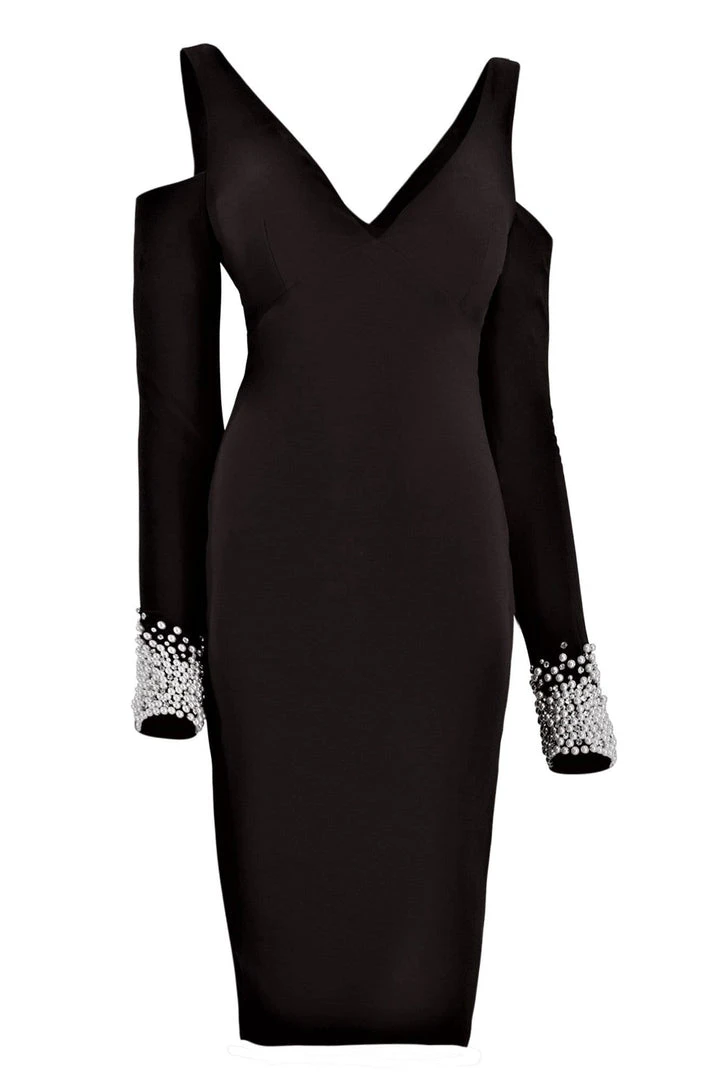 Cocktail Dresses Janique - K6611 Pearl Embellished Cuff V Neck Evening Dress 6 Cocktail Dresses Janique - K6611 Pearl Embellished Cuff V Neck Evening Dress
