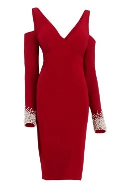 Cocktail Dresses Janique - K6611 Pearl Embellished Cuff V Neck Evening Dress 8 Cocktail Dresses Janique - K6611 Pearl Embellished Cuff V Neck Evening Dress