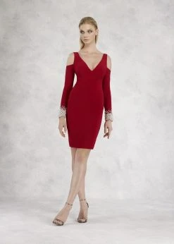 Cocktail Dresses Janique - K6611 Pearl Embellished Cuff V Neck Evening Dress