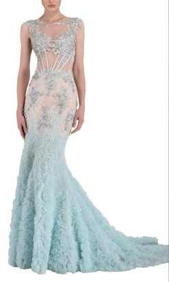 Janique - Lace And Tulle Floral Applique Flare Gown 1514