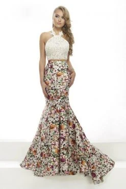 Formal Gowns Janique - Lace Halter Trumpet Two-Piece Evening Gown With Floral Prints JA2004