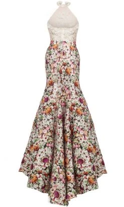 Formal Gowns Janique - Lace Halter Trumpet Two-Piece Evening Gown With Floral Prints JA2004