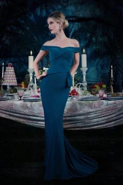 Janique - Off-Shoulder Wrap Style Trumpet Gown 16214 - 1 Pc Teal In Size 14 Available