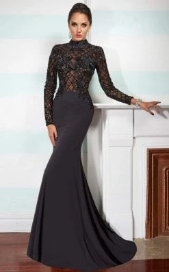Formal Gowns Janique W1003 Beaded Long Sleeve High Neck Trumpet Gown