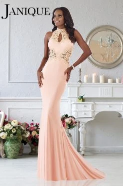 Janique - W974 Jersey Gown In Peach Formal Gowns