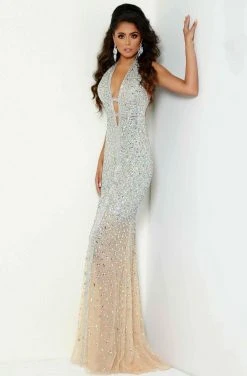 Jasz Couture - 6425 Plunging Halter V-Neck Fully Embellished Gown - 1 Pc Nude In Size 16 Available Formal Gowns
