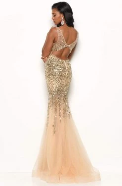 Jasz Couture - Bead Embellished Trumpet Gown 7111 - 1 Pc Gold In Size 2 Available