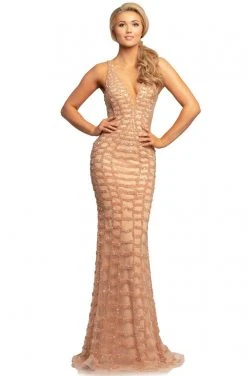Johnathan Kayne - 2043 Embellished Deep V-neck Trumpet Dress