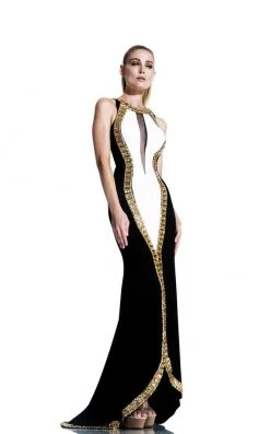 Johnathan Kayne - 557 Gilded Halter Colorblock Evening Gown Formal Gowns