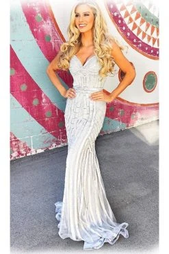 Formal Gowns Johnathan Kayne - 8210 Crystal Embellished Deep V-neck Trumpet Gown