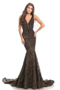 Formal Gowns Johnathan Kayne - 8218 Deep V-neck Glitter Lace Mermaid Gown