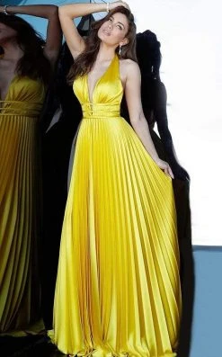 Formal Gowns Jovani - 00637 Deep V-neck Pleated Satin A-line Dress