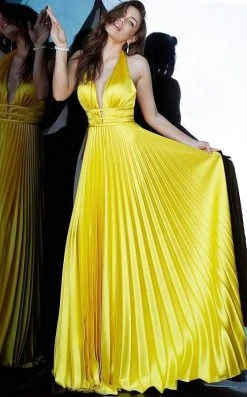 Formal Gowns Jovani - 00637 Deep V-neck Pleated Satin A-line Dress