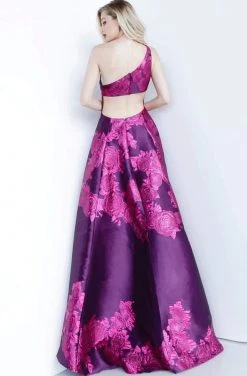 Jovani - 02045 One Shoulder Floral Print Satin Long Gown Formal Gowns