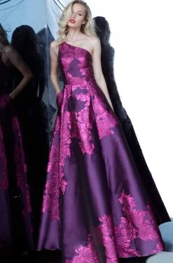 Jovani - 02045 One Shoulder Floral Print Satin Long Gown Formal Gowns