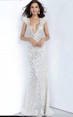Jovani - 02457 Embellished Deep V-neck Trumpet Gown Formal Gowns