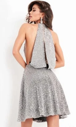 Jovani - 03751 Sequined Deep V Neck A-line Dress